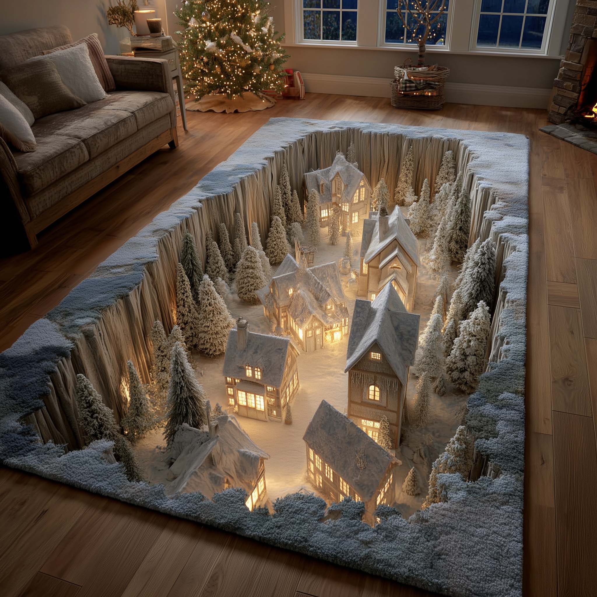Snowy Village area rug in a living room