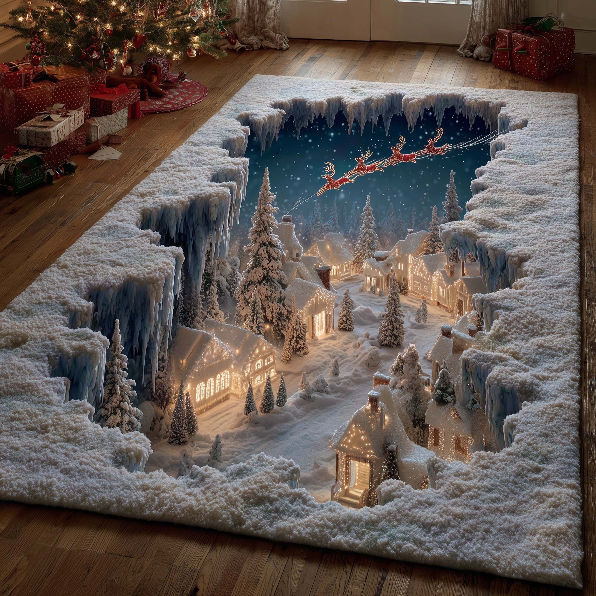 Snowy Village area rug in a living room