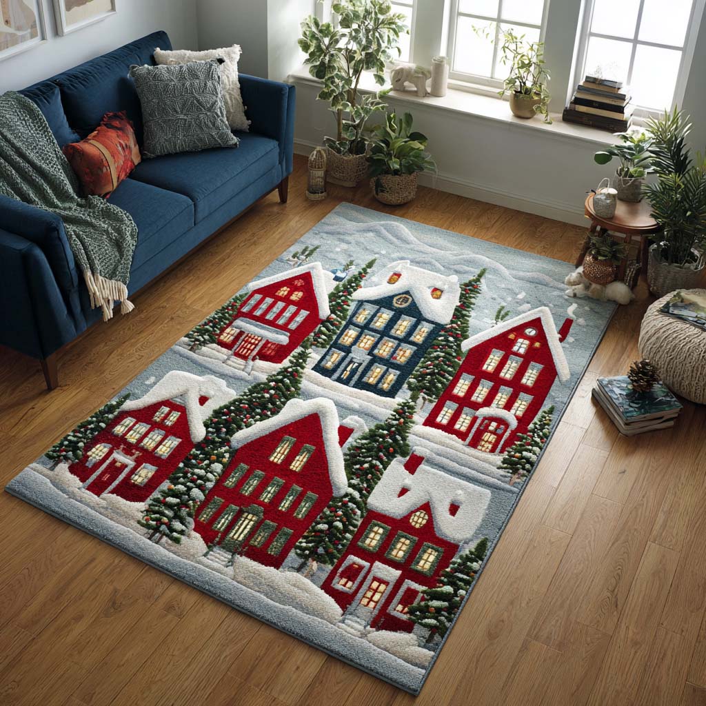 Snowy Village area rug in a living room