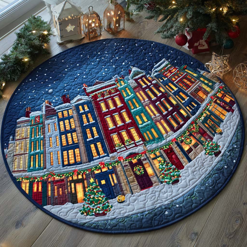 Snowy Village Night Round Mat Rug - washable non-slip printed rug