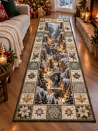 Snowy Village Passage Runner Rug - Nature Design | Serene Runner Rug - washable non-slip printed rug