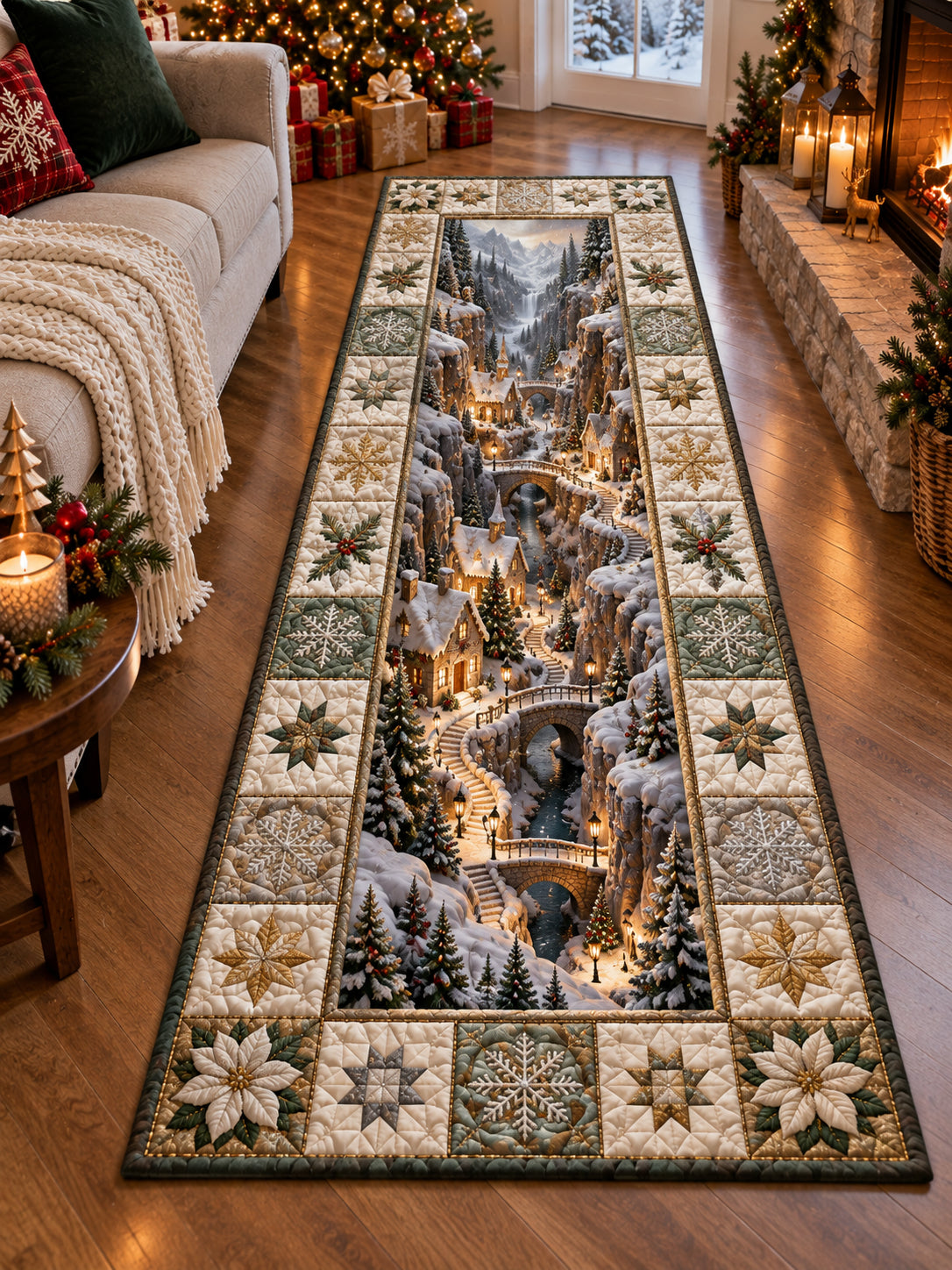 Snowy Village Passage Runner Rug - Nature Design | Serene Runner Rug - washable non-slip printed rug