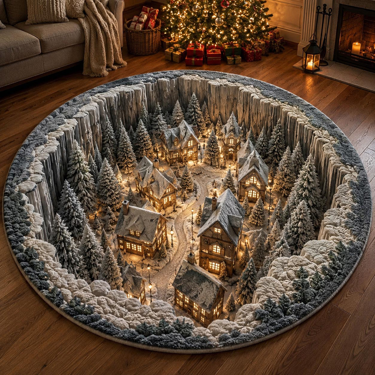 Snowy Village Round Mat Rug - Nature Design | Serene Home Decor - washable non-slip printed rug