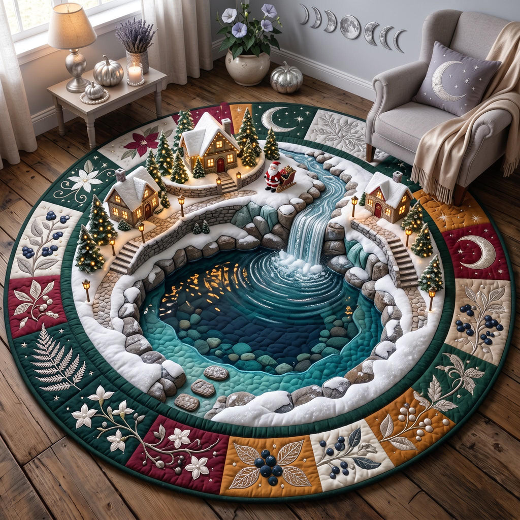 Snowy Village Round Mat Rug - Nature Design | Nature Round Rug - washable non-slip printed rug