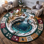 Snowy Village Round Mat Rug - Nature Design | Nature Round Rug - washable non-slip printed rug