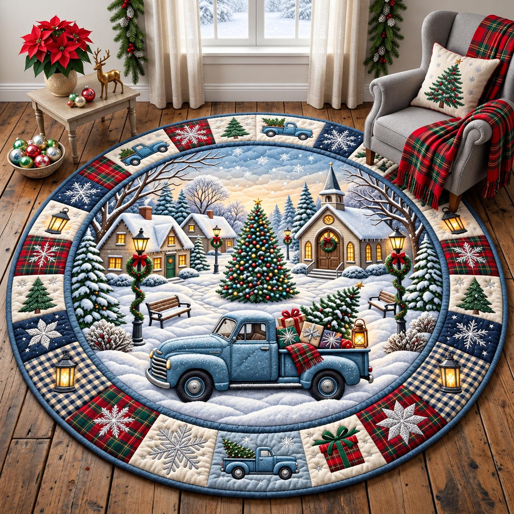 Snowy Village Truck Round Mat Rug - Nature Design | Serene Home Decor - washable non-slip printed rug