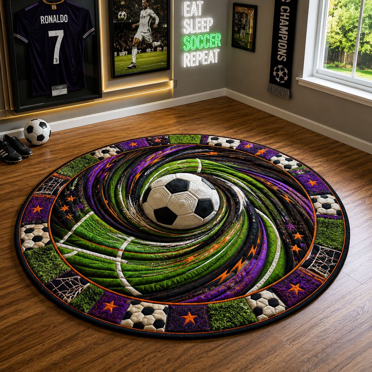 Soccer Vortex Champion Round Mat Rug - Nature Design | Serene Home Decor
