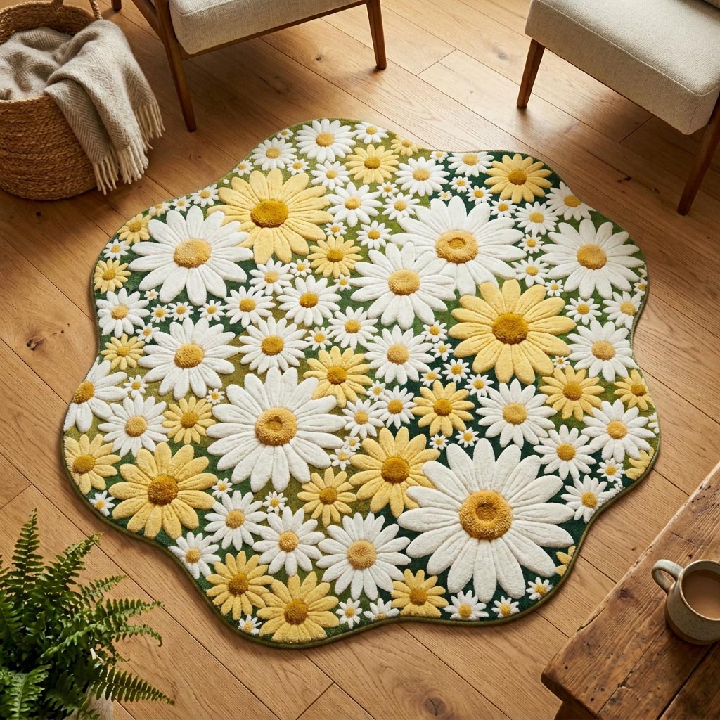 Soft Daisy Custom Shape Area Rug - Nature Design | Die-Cut Non-Slip Rug - washable non-slip printed rug