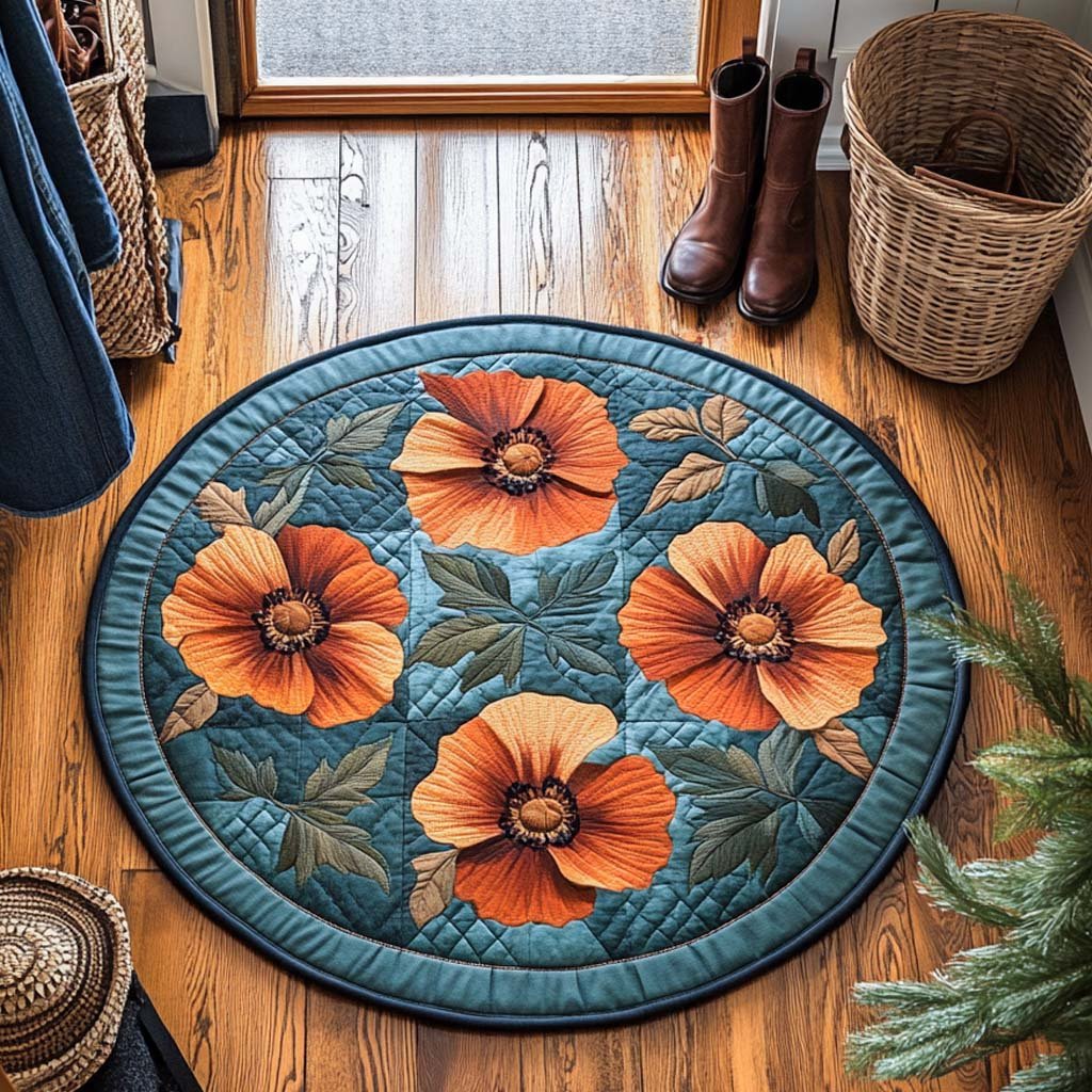 Soft Poppy Whispers Round Mat Rug - washable non-slip printed rug
