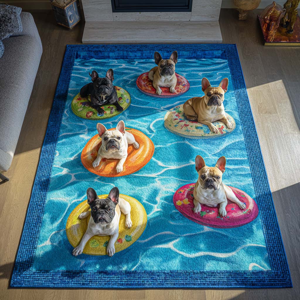 Solstice Frenchies area rug in a living room
