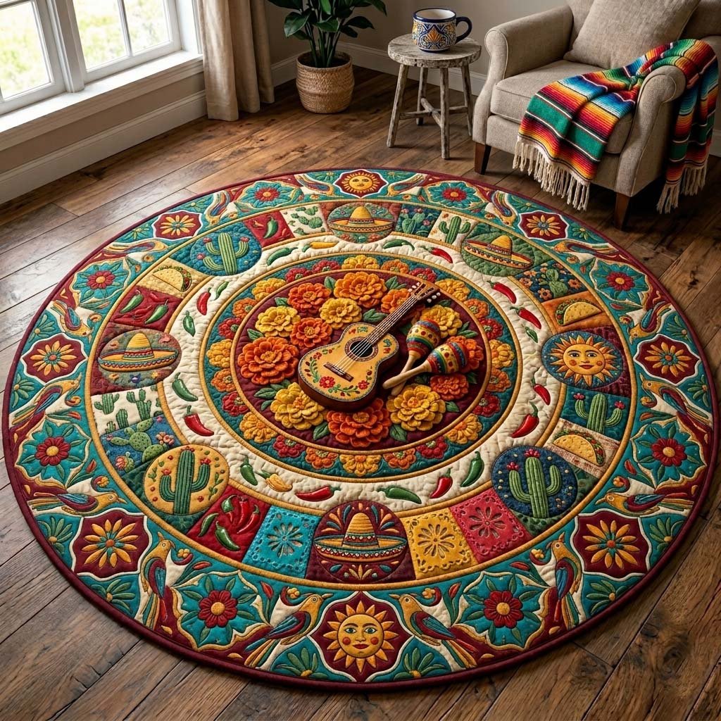 Sombrero Fiesta Wheel Round Mat Rug - washable non-slip printed rug
