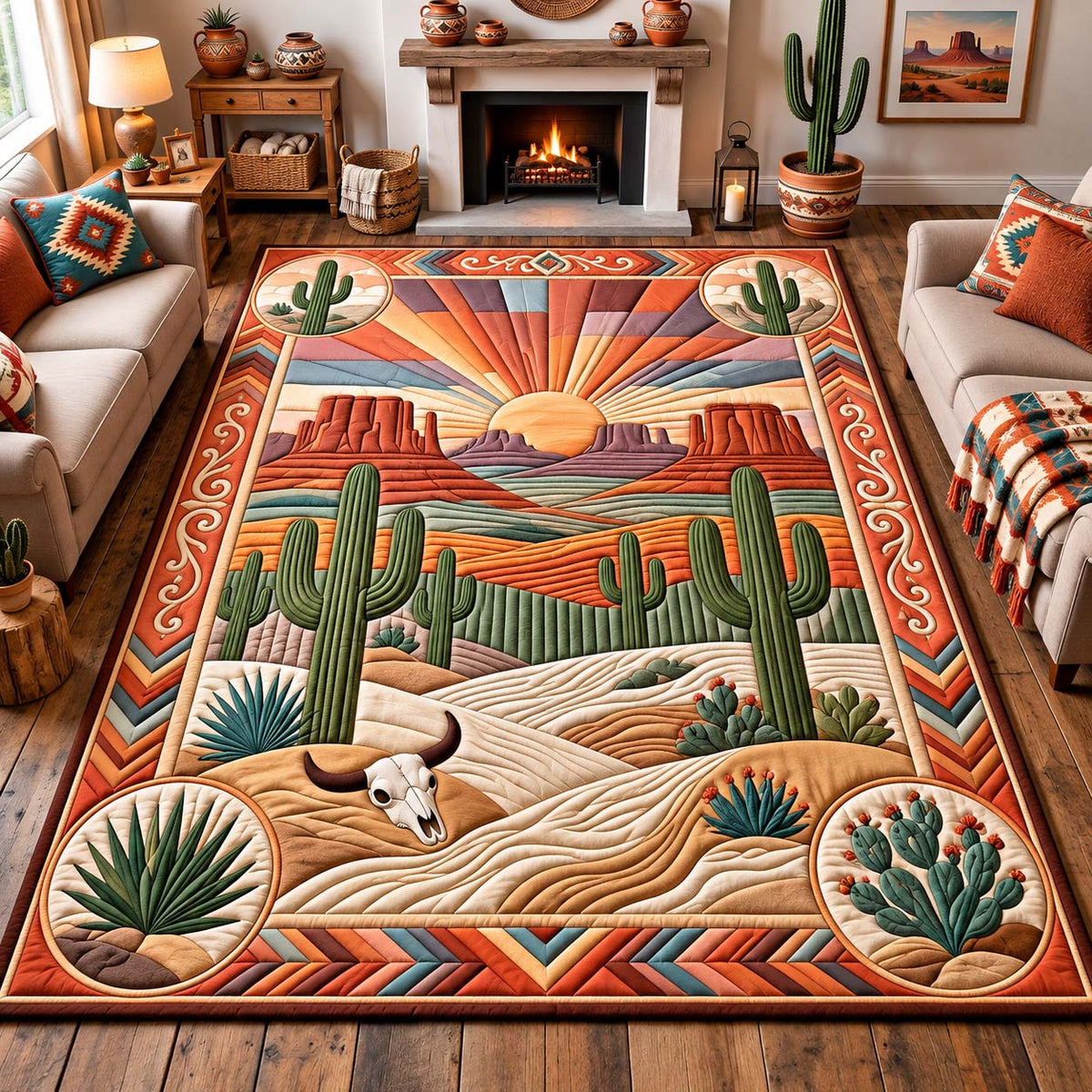 Southwest Sunset Cactus area rug in a living room