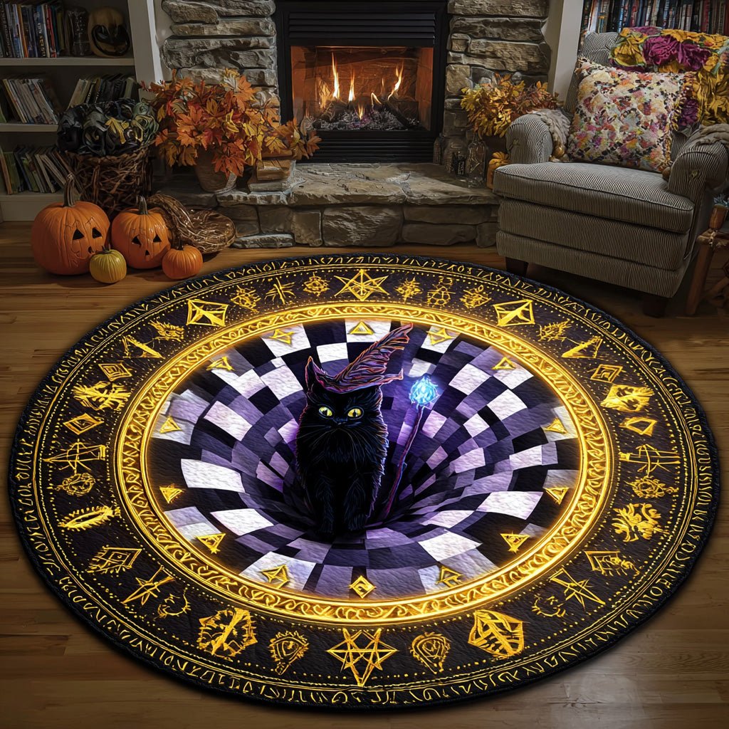 Spellcaster Cat Round Mat Rug - washable non-slip printed rug