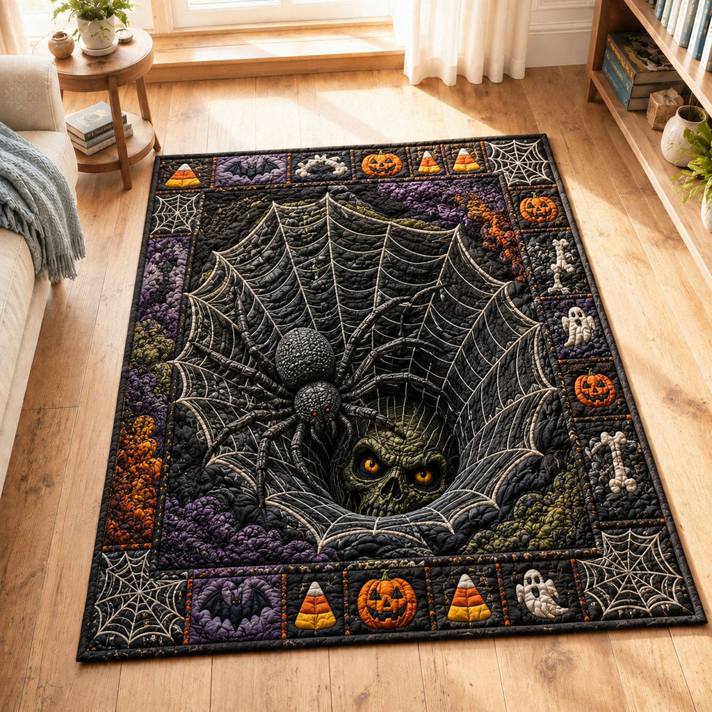 Spider Web Skull Abyss Halloween area rug in a living room