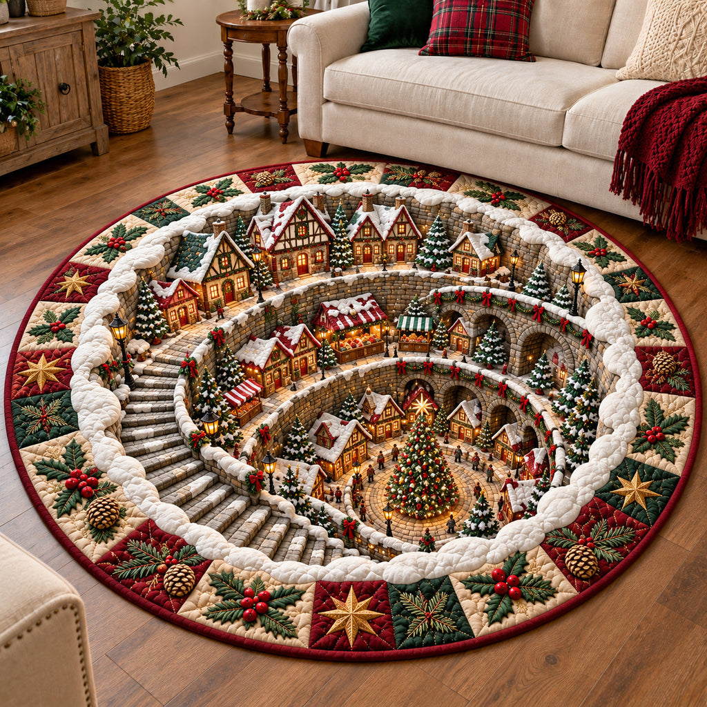 Spiral Christmas Village Round Mat Rug - Seasonal Design | Festive Home Decor - washable non-slip printed rug