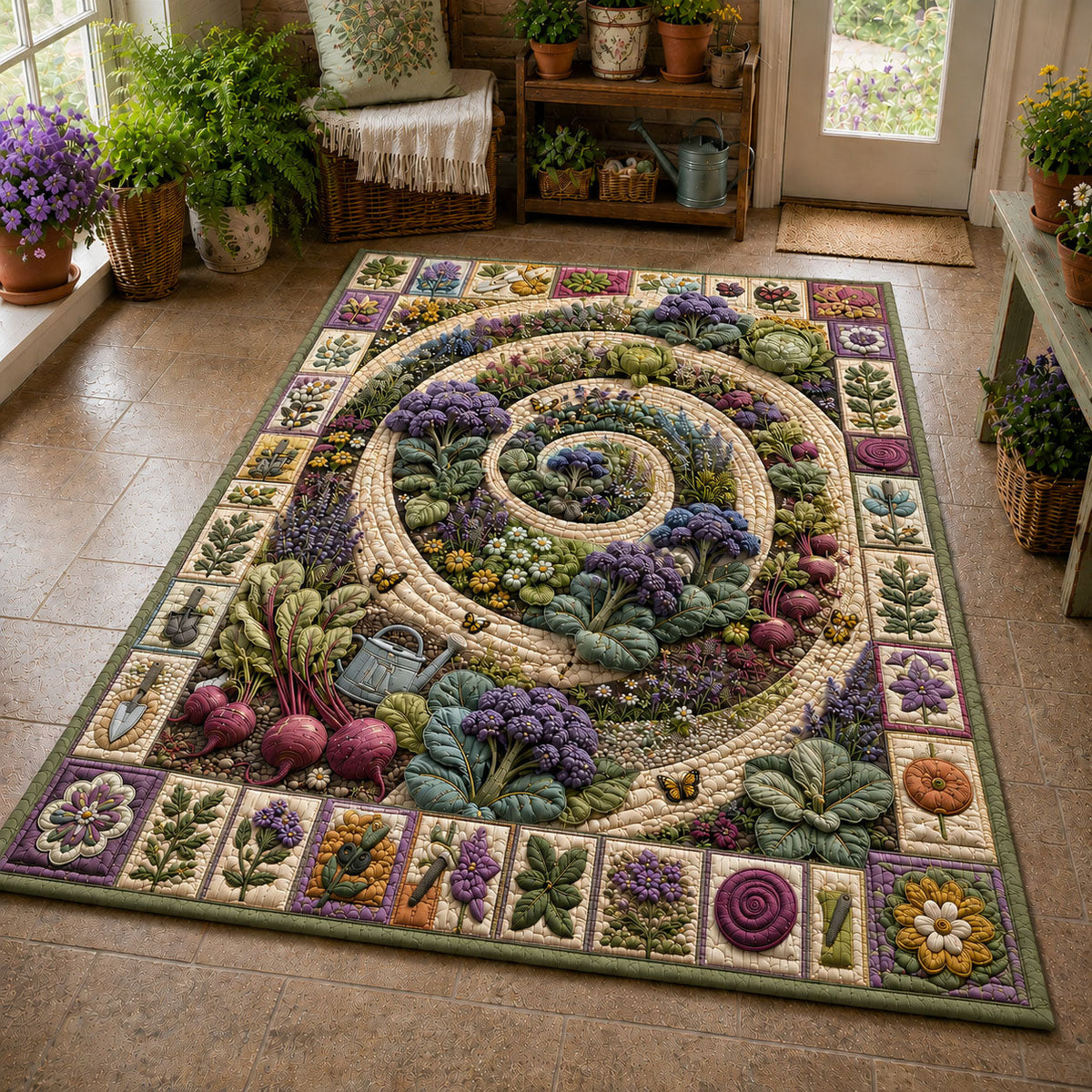 Spiral Harvest Vegetable Garden area rug in a living room