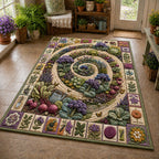 Spiral Harvest Vegetable Garden area rug in a living room