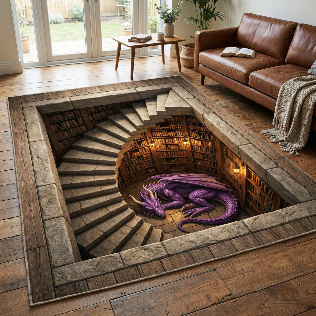 Spiral Stairwell area rug in a living room
