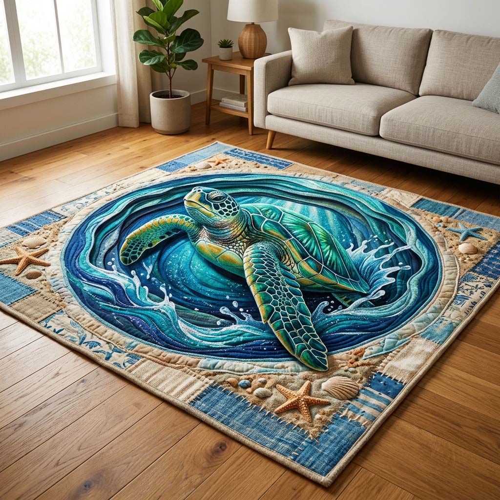 Spiral Turtle area rug in a living room