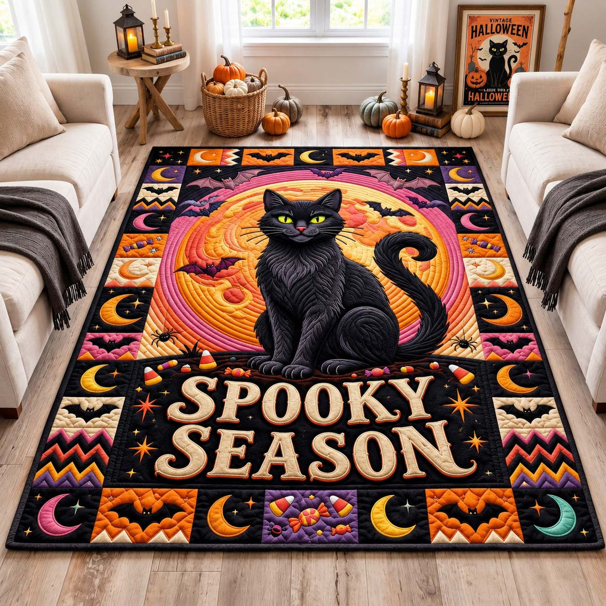 Spooky Black Cat area rug in a living room
