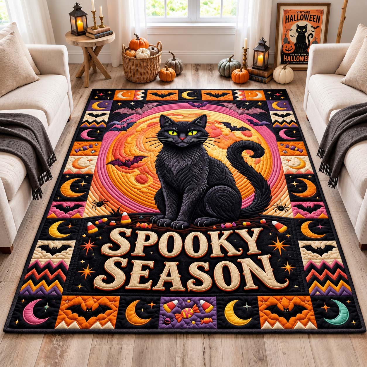 Spooky Black Cat area rug in a living room