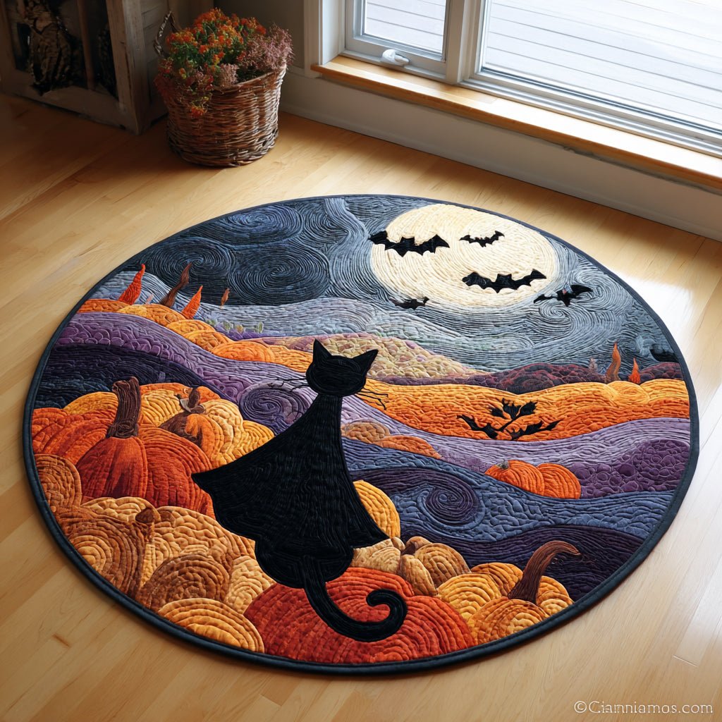 Spooky Black Cat Halloween Round Mat Rug - Cute Pet Design | Animal Printed Home Decor