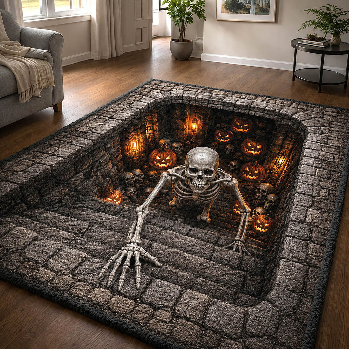 Spooky Bones area rug in a living room