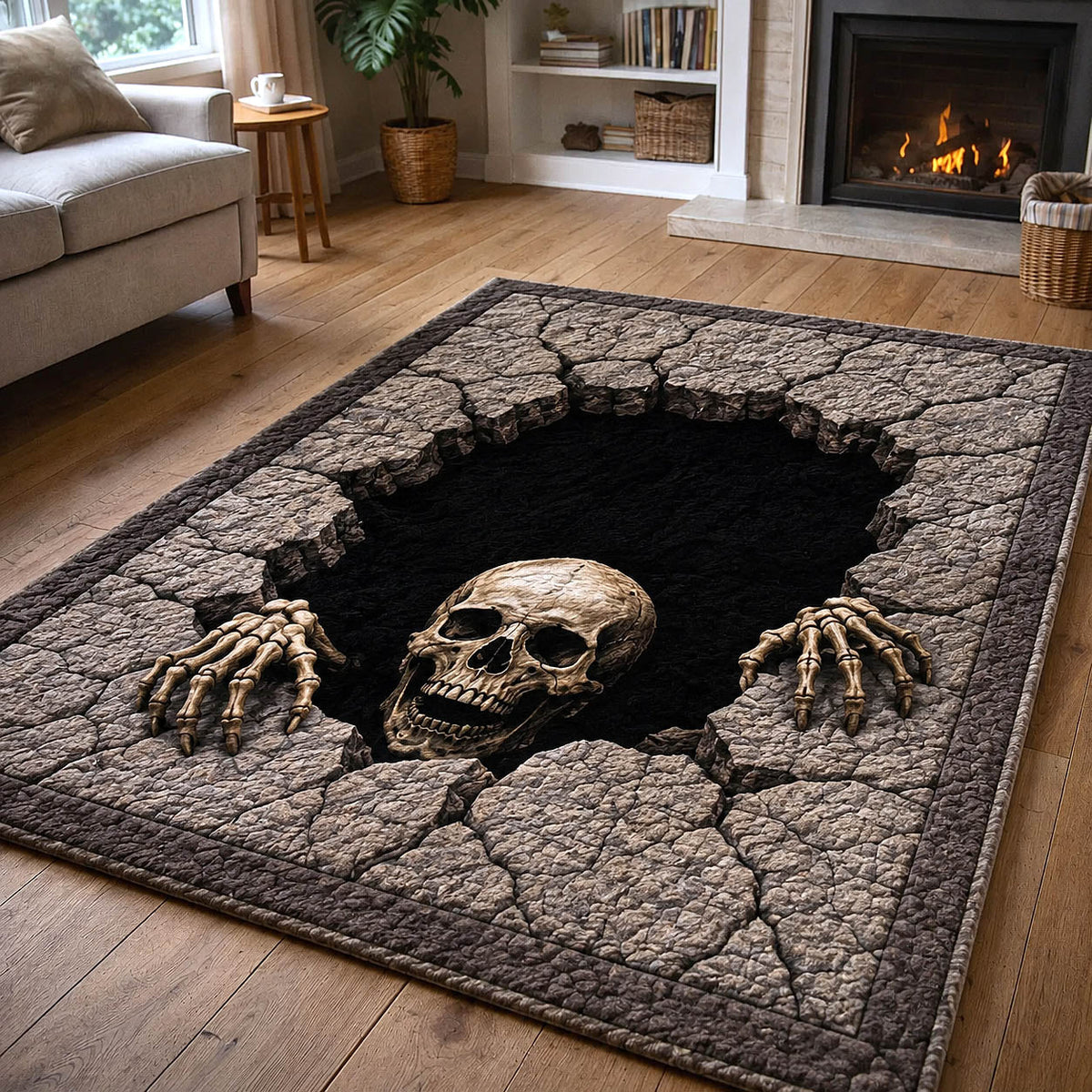 Spooky Bones area rug in a living room