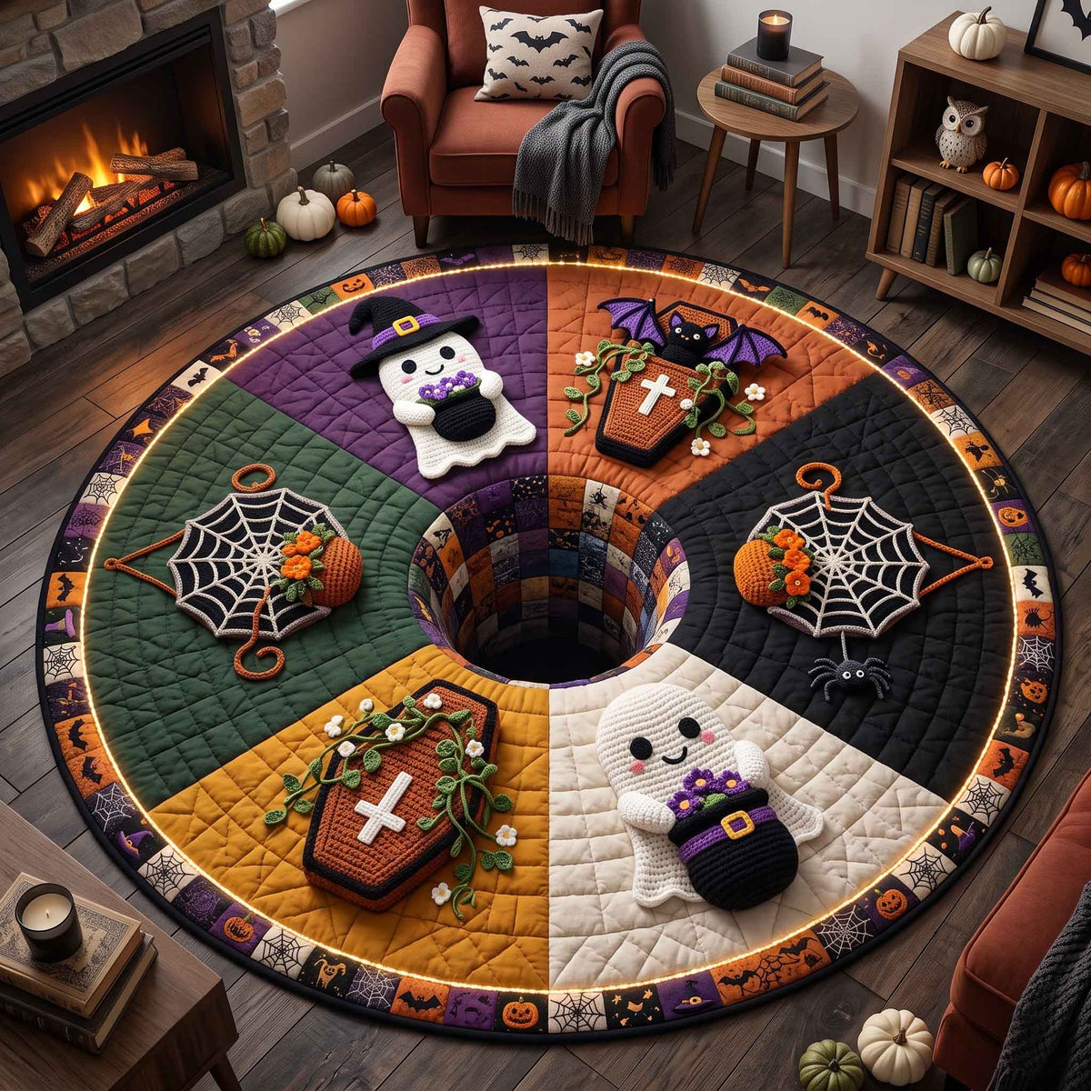 Spooky Crochet Round Mat Rug - Nature Design | Nature Round Living Room Rug - washable non-slip printed rug