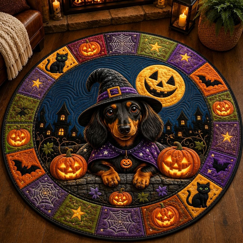 Spooky Dachshund Round Mat Rug - Nature Design | Serene Home Decor - washable non-slip printed rug