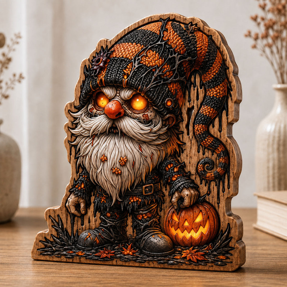 Spooky Pumpkin Gnome wooden block, laser-cut 3-layer wood