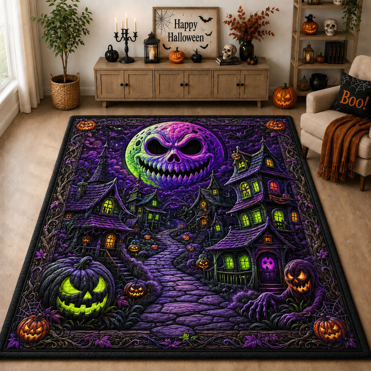 Spooky Pumpkin Village Halloween area rug in a living room