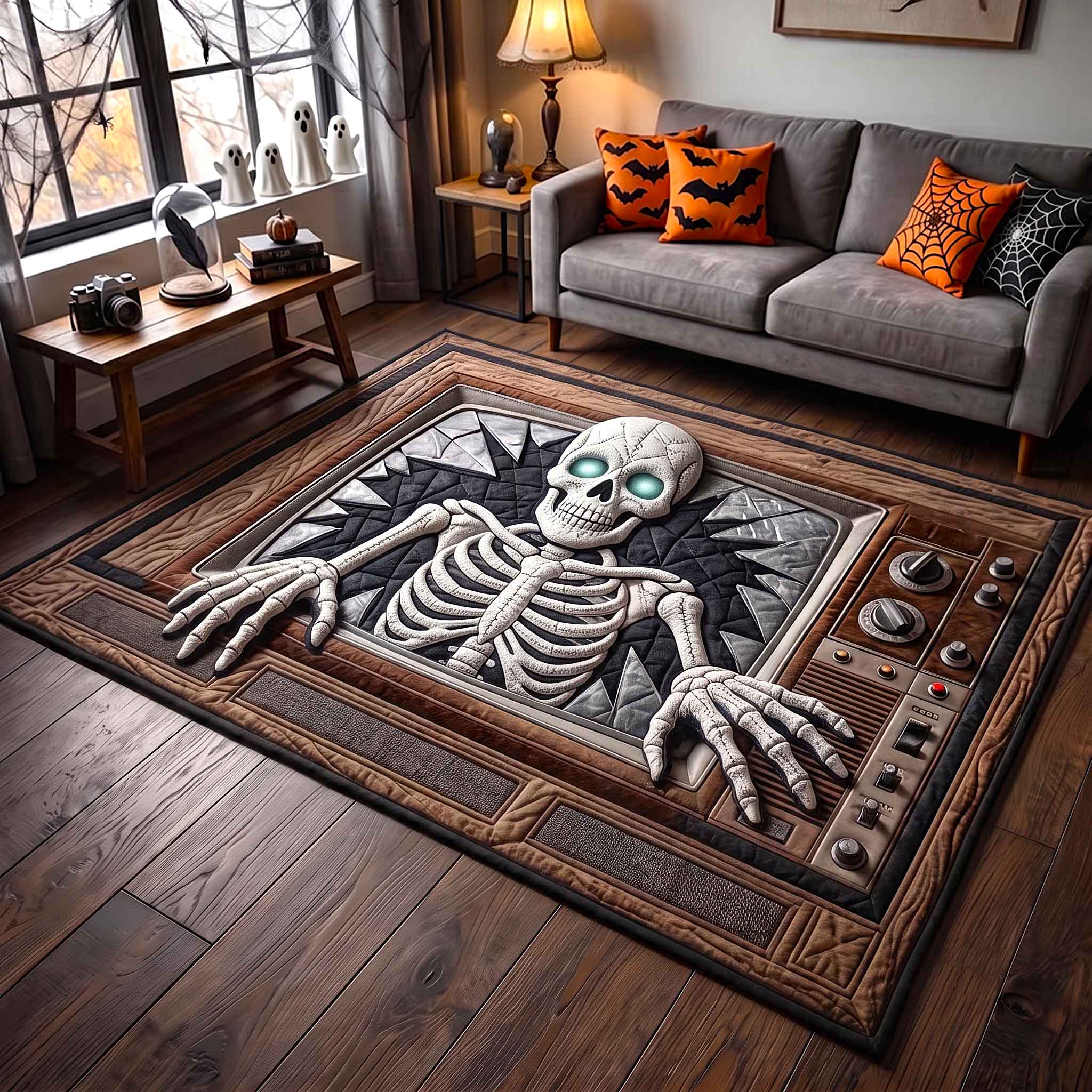 Spooky Skeleton area rug in a living room