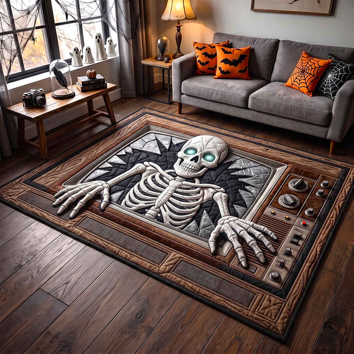 Spooky Skeleton area rug in a living room