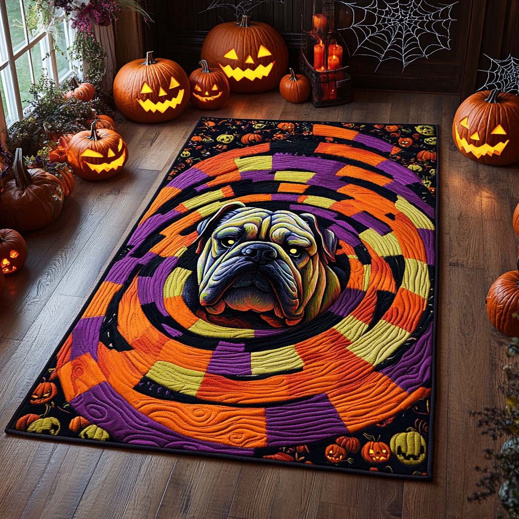 Spooky Spiral Bulldog area rug in a living room