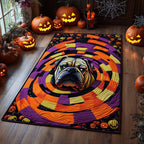 Spooky Spiral Bulldog area rug in a living room
