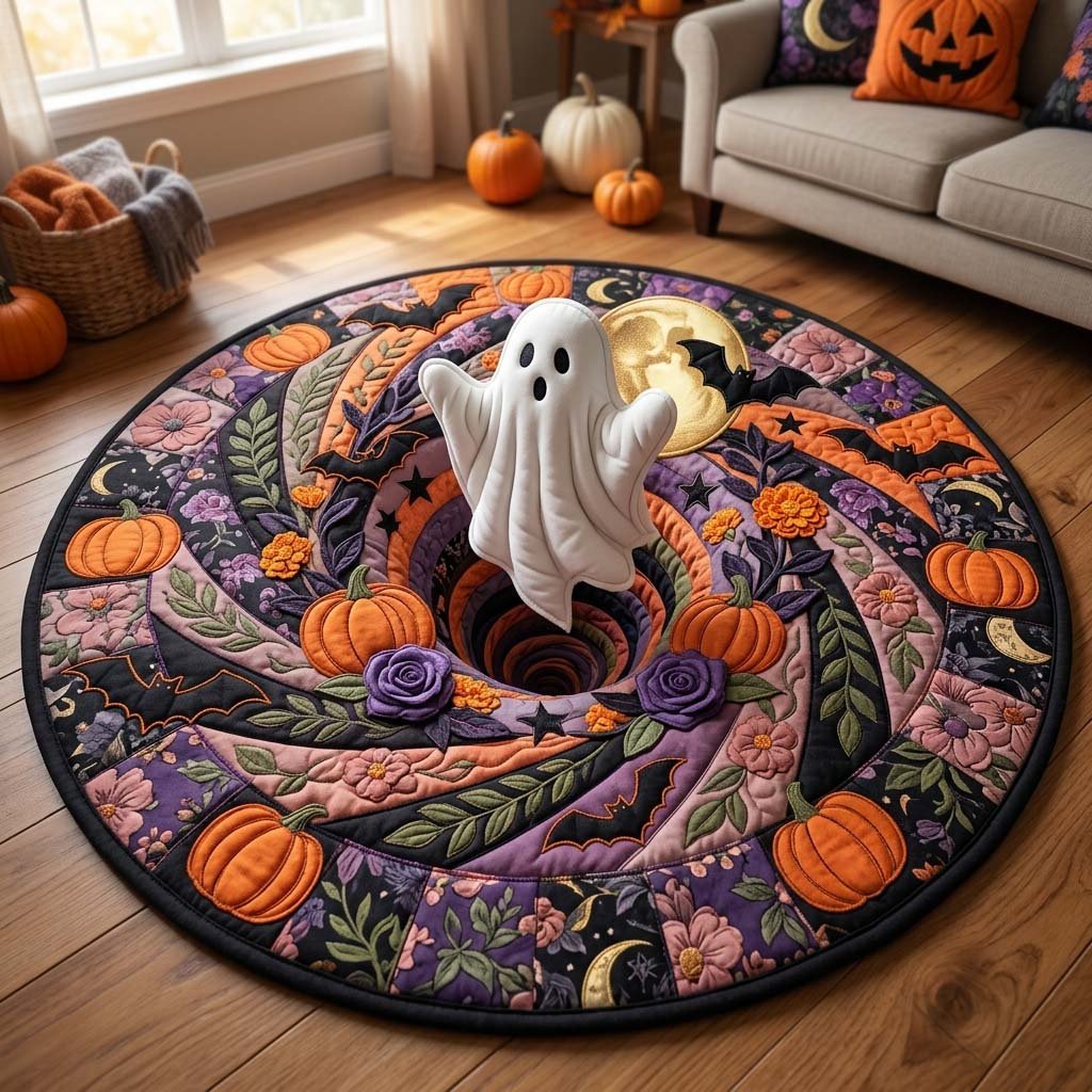 Spooky Spiral Ghost Halloween Round Mat Rug - washable non-slip printed rug
