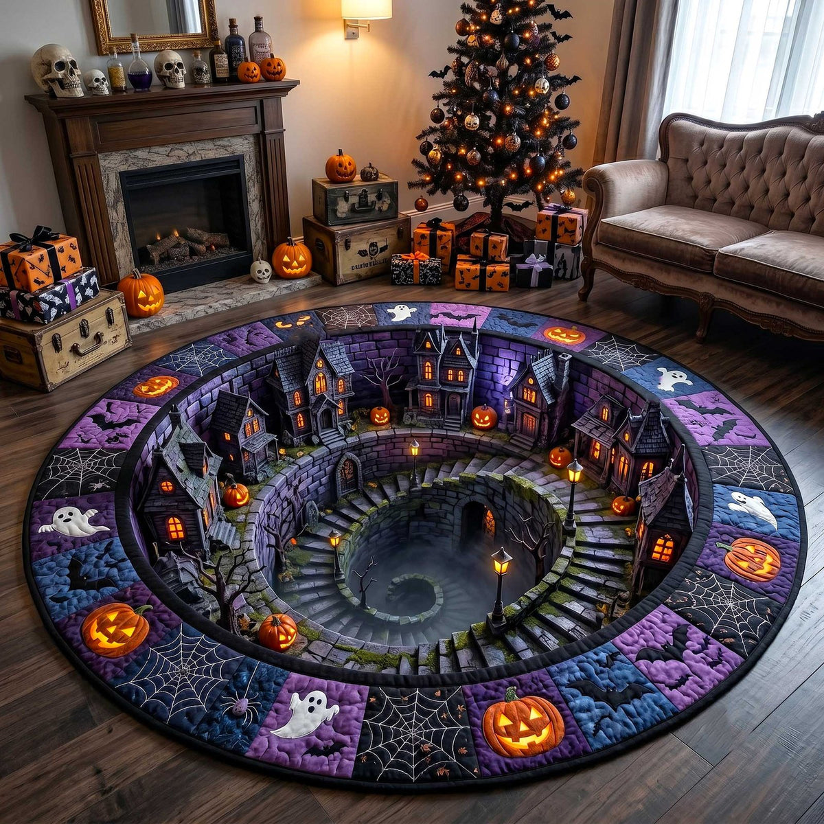 Spooky Village Halloween Round Mat Rug - washable non-slip printed rug