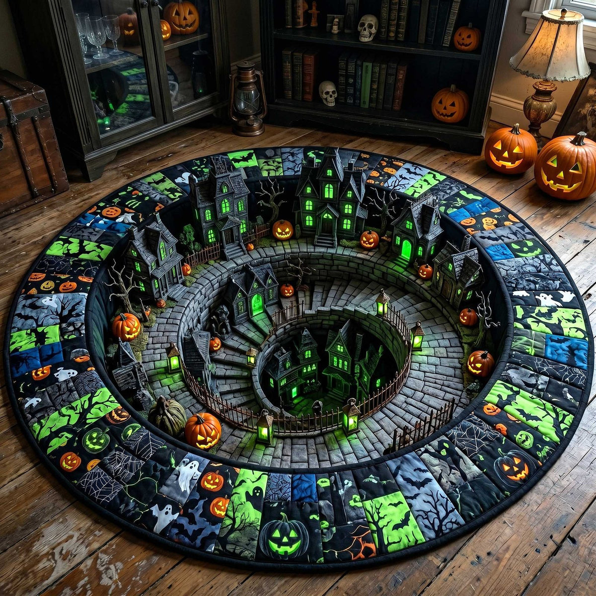 Spooky Village Halloween Round Mat Rug - washable non-slip printed rug
