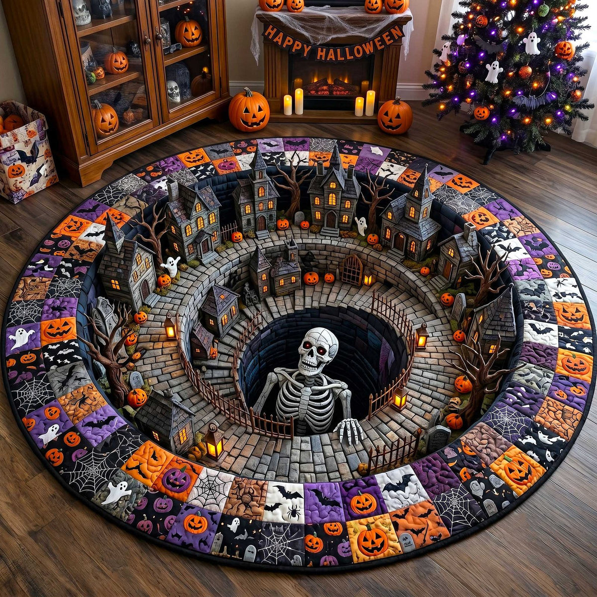 Spooky Village Halloween Round Mat Rug - washable non-slip printed rug