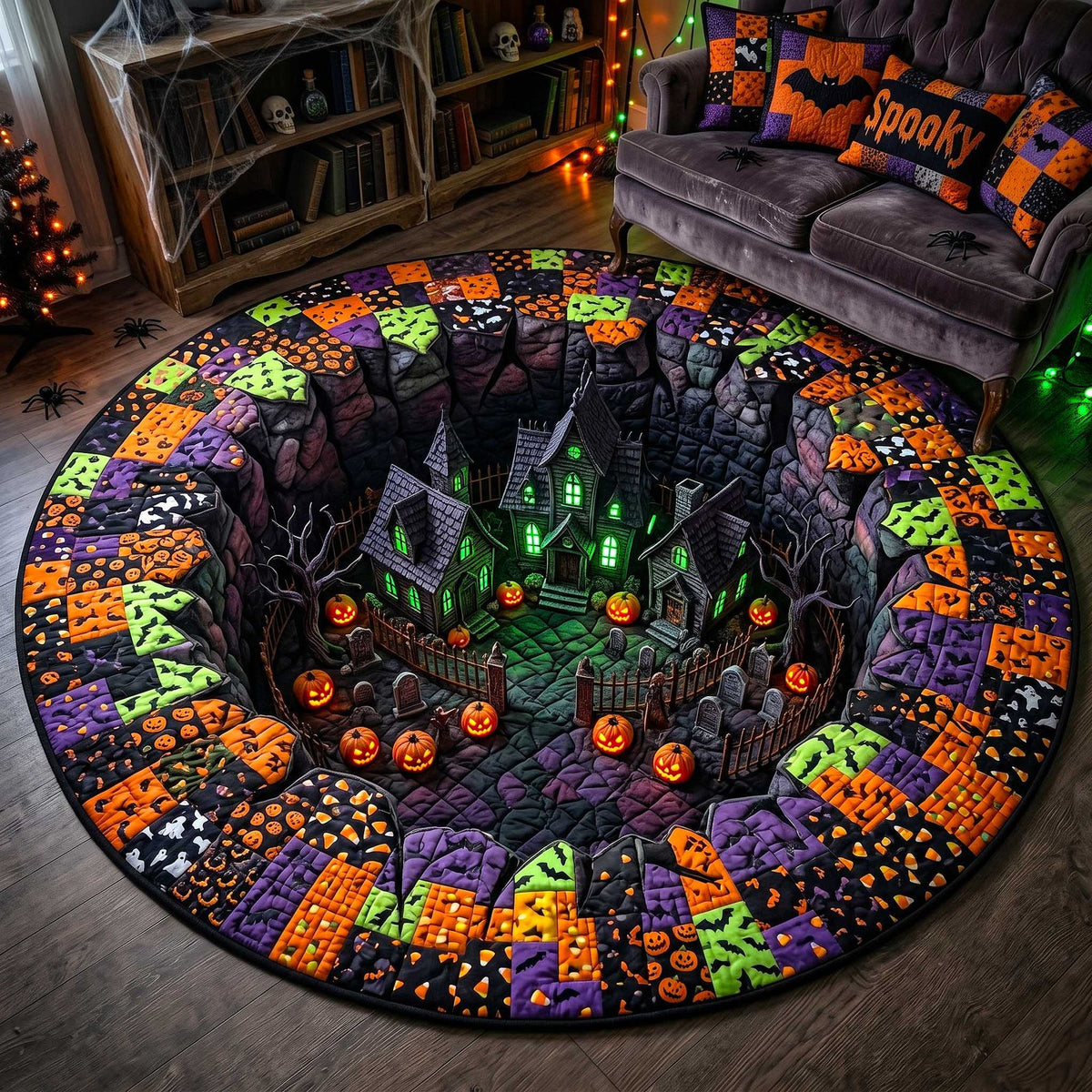 Spooky Village Halloween Round Mat Rug - washable non-slip printed rug