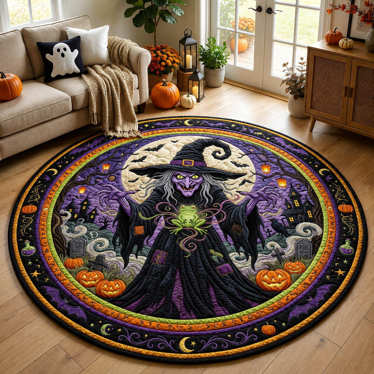 Spooky Witch Halloween Round Mat Rug - washable non-slip printed rug