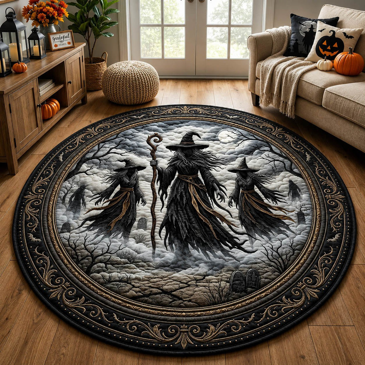 Spooky Witch Halloween Round Mat Rug - washable non-slip printed rug