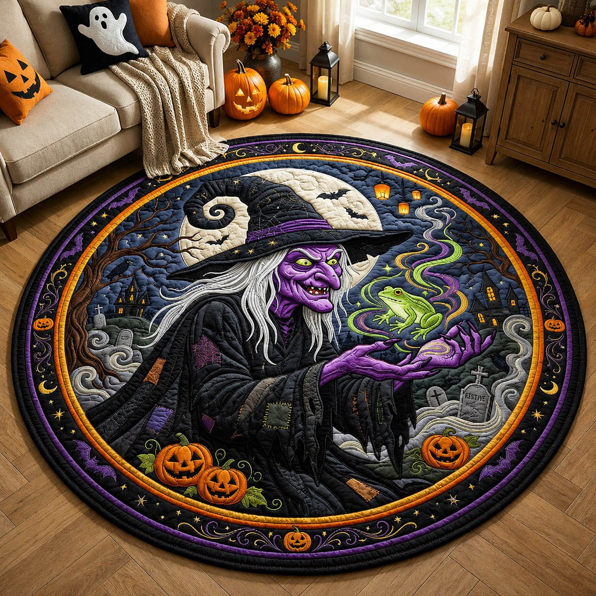 Spooky Witch Halloween Round Mat Rug - washable non-slip printed rug