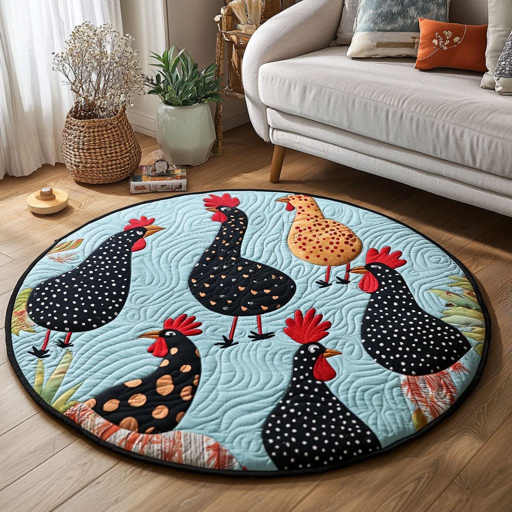 Spotted Roosters Round Mat Rug - washable non-slip printed rug