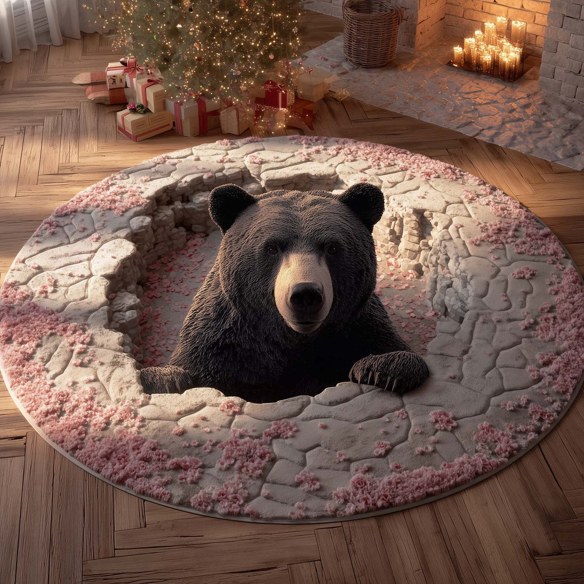 Spring Bear Round Mat Rug - washable non-slip printed rug