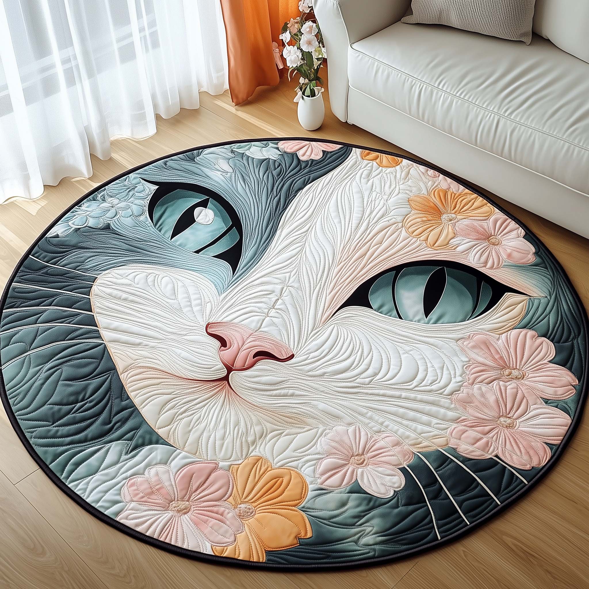 Spring Blossom Cat Round Mat Rug