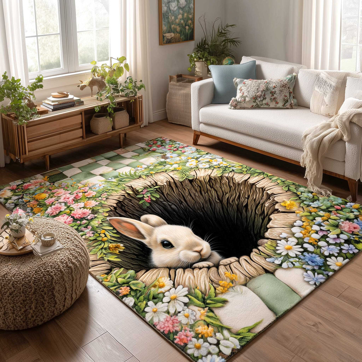 Spring Bunny area rug in a living room