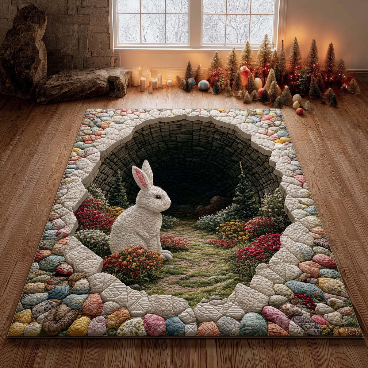 Spring Bunny Hollow area rug in a living room
