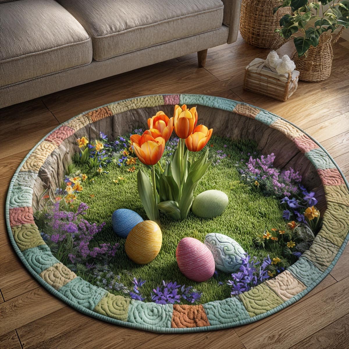 Spring Circle Round Mat Rug - washable non-slip printed rug